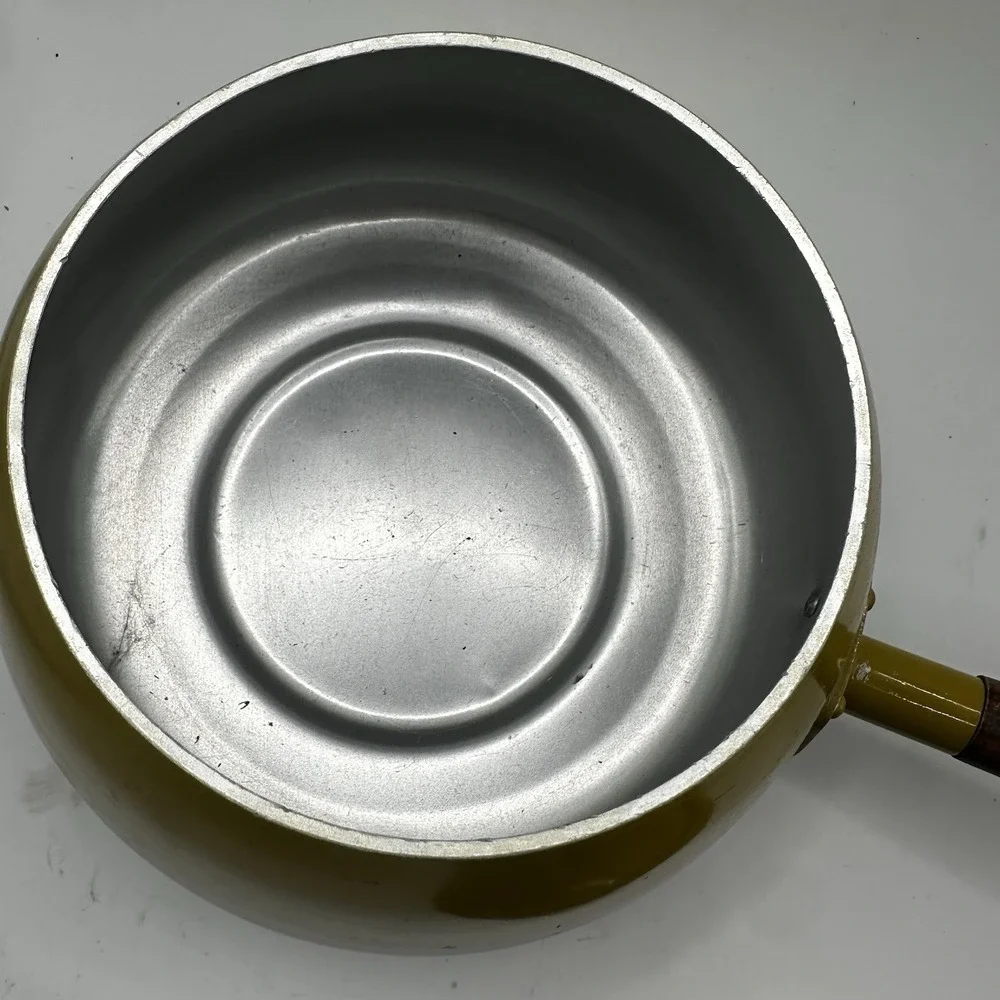 Vintage Enameled Metal Walnut Wood Handle Yellow Green Fondue Pot MCM